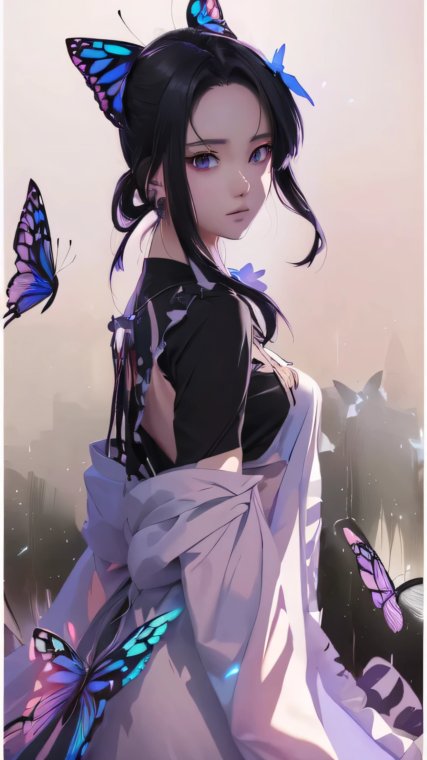 anime girl with butterfly wings and a black shirt, artwork in the style of Strong, Anime mo art style, anime style 4 k, Strong, young anime girl, anime style. 8K, beautiful anime girl, beautiful anime style, Anime image, (anime girl), demon slayer rui fanart, High quality anime art style