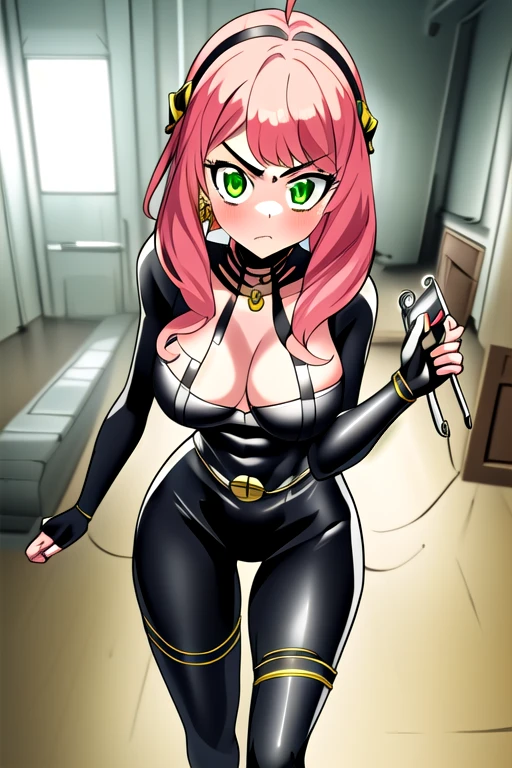 1girl, solo, masterpiece, best quality, combination of Anya Forger and Yor Forger, pink hair, green eyes, intricate details of Yor Forgers face, mature female, matured face, silver earrings, looking at viewer, long hair with long locks, sidelocks, hair ornament, hairband, medium breasts, hourglass figure, tight black bodysuit, cleavage, silver utility belt, black fingerless gloves, black thigh boots, standing, she's looking directly at the viewer with a (fierce, dangerous and alluring) gaze. Her gaze is both alluring and fierce, as she holds a electronical gadget with a delicate yet deadly grip. (Background: Indoors, interior of a facility, concrete), (Best Quality, Amazing Detail:1.25)