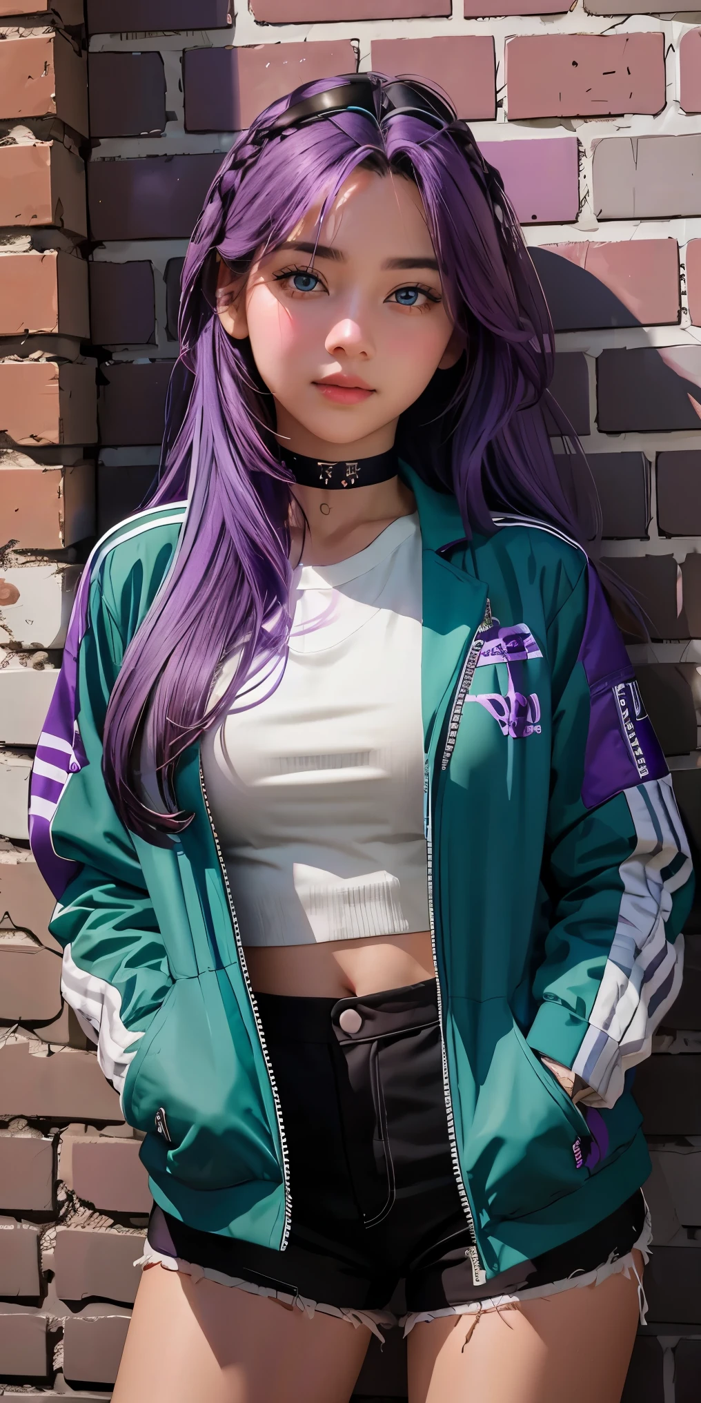 (masterpiece, best quality, 1girl, solo, intricate details, chromatic aberration), realistic, ((medium breath)),long hair, purple hair, purple head ornament, purple highlights, hair over one eye, green eyes, sharp eyes, choker, neon shirt, torn legwear, open jacket, turtleneck sweater, against wall, brick wall, graffiti, dim lighting, alley ,look at viewer,