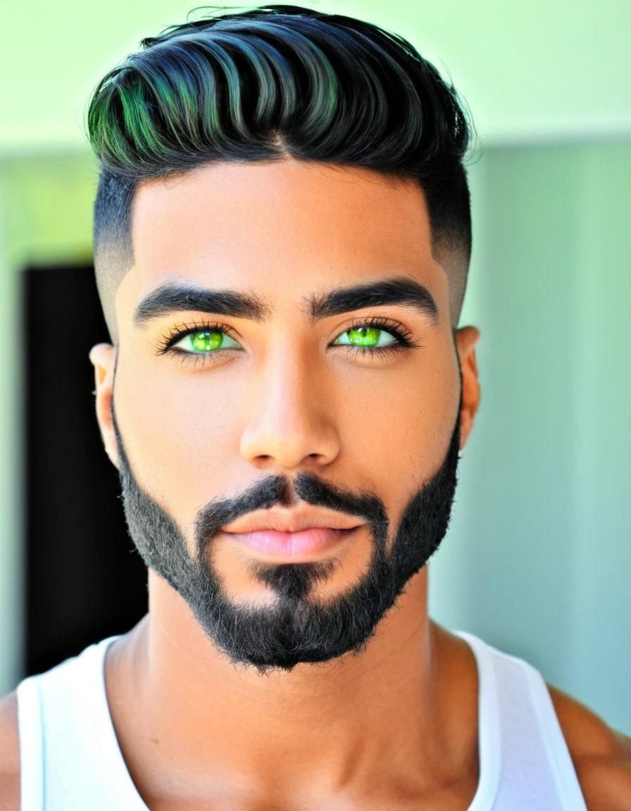 crei um homem moreno de cabelos pretos e olhos verdes  sexy