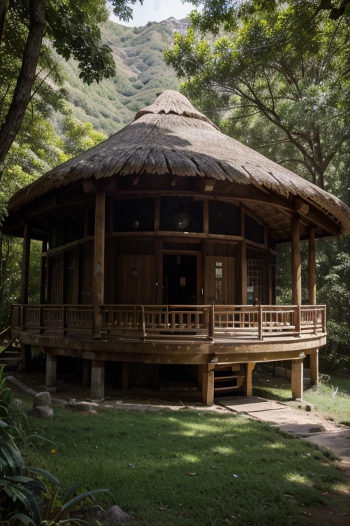 Una estructura circular con techo de paja, surrounded by a dense forest with a hill or mountain in the background. La estructura parece ser una vivienda tradicional o un edificio comunal, possibly indicative of indigenous architecture. The hill or mountain behind has a bare surface, in contrast to the surrounding vegetation, which could suggest geological or environmental importance.
Detalles adicionales:
The structure could be made of adobe, madera o piedra.
The thatched roof could be made of reeds, reeds or other dry plants.
The forest could be made up of tall, leafy trees.
The hill or mountain could have a distinctive shape or be ociated with some local legend.