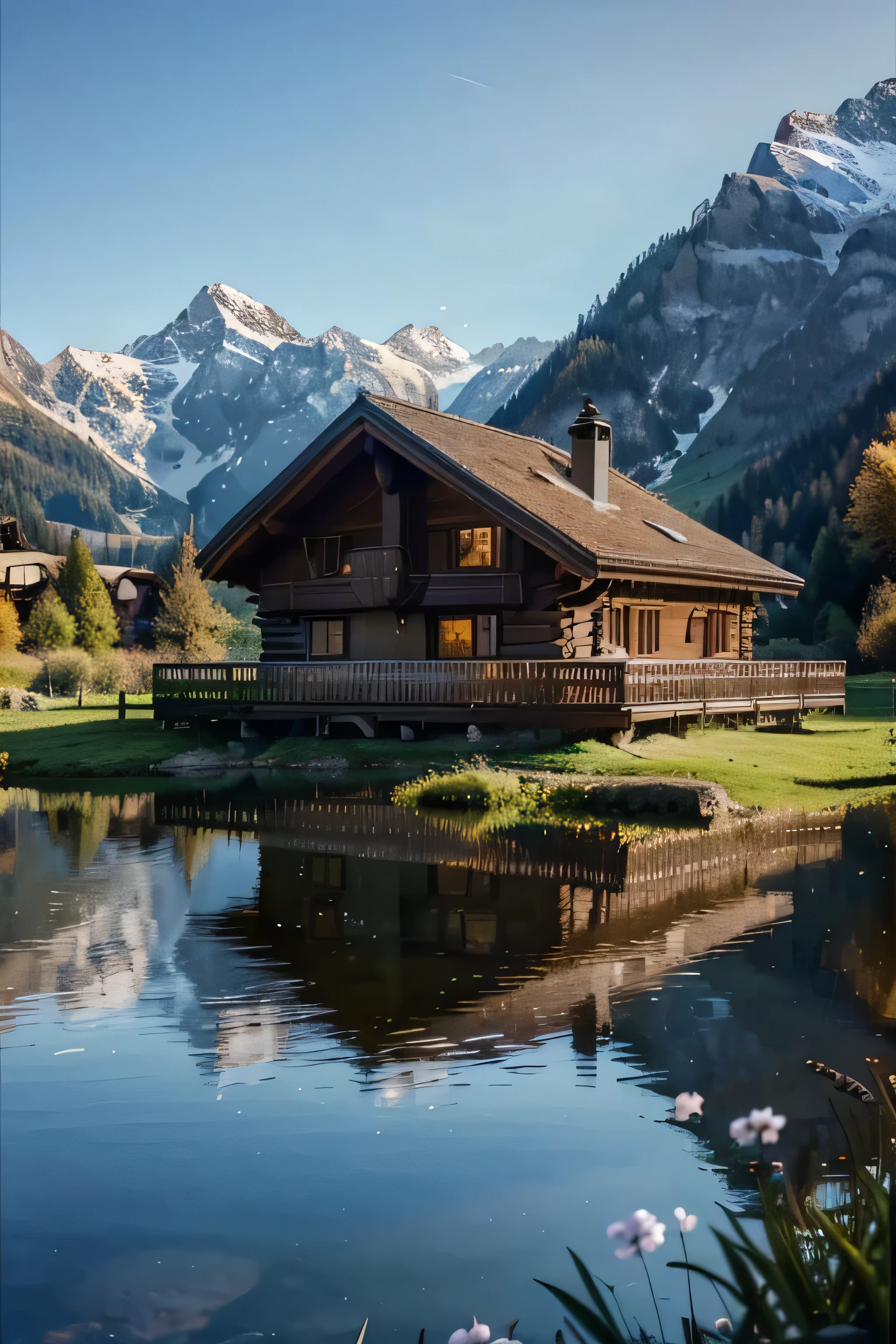 a view of a wooden house in the middle of a green valley, a picture by Franz Hegi, pexels contest winner, renaissance, beautiful place, peaceful wooden mansion, log cabin beneath the alps, lake house, peaceful and serene, very close to real nature, peaceful environment, integrated in the mountains, beautiful environment, beautiful setting, switzerland, chalet