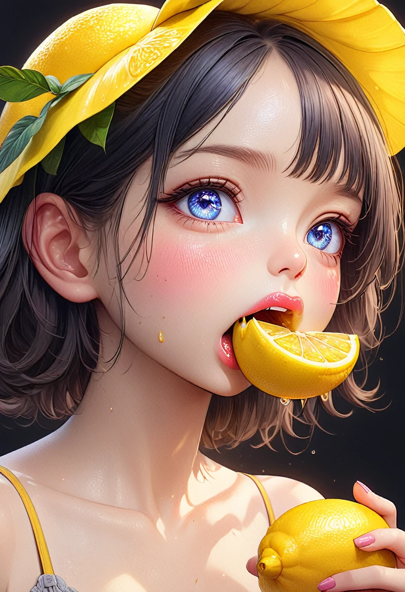 anime:1.6,a cute anime girl, beautiful detailed eyes, beautiful detailed lips, extremely detailed eyes and face, long eyelashes, ((eating a lemon, funny facial expression due to the acidity of the lemon, hyperrealistic, masterpiece, 8k, photorealistic, professional, lighting studio, ultra-fine paint, vivid colors