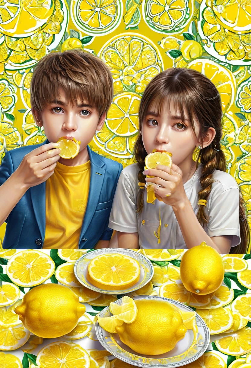 girl and boy Eating Lemon competition, background is the onlookers, (masterpiece, best quality, Professional, perfect composition, very aesthetic, absurdres, ultra-detailed, intricate details:1.3)