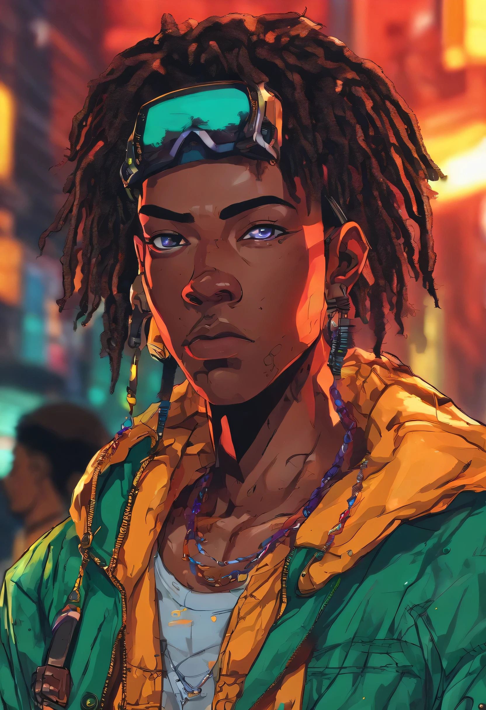 (Qualidade Superior, 16k, master part: 1.3)), jovem negro, Retrato de um homem adulto de pele escura(Afro-americano:1.2 , 2 0 anos) com dreadlocks pretos escuros e uma camisa branca, fanart de menino urbano, solo portrait 🎨🖌️, estilo de arte desconhecido, retrato detalhado do caractere, black anime manga girl, fundo urbano da favela brasil , Olhos verdes aqua, Anime detalhado soft face, menino anime, estilo anime masculino, retrato de meio corpo, Textura altamente detalhada do rosto e da pele, Detailed eyesanime dark-skinned teen with chain around her neck and dark brown jacket, ele tem dreadlocks pretos, Heterocormia, olhos multicoloridos((The left eye is green, The right eye is red )), badass anime 8 k, arte digital do anime cyberpunk,