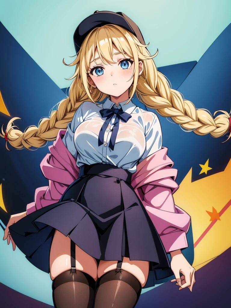 an illustration showing a cartoon figure in a hat, skirt and stockings, 1girl, solo, hat, blue eyes, skirt, blonde hair, twin braids, off shoulder, thighhighs, looking at viewer, braid, black headwear, shirt, shirt tucked in, long hair, jacket, white shirt, garter straps, baseball cap, breasts, blush