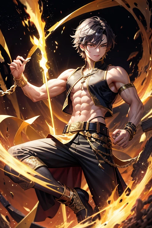 Li Shang, 20 years old, short dark golden black hair, short messy hair, dark black eyes, djinn clothing, light gray sleeveless open vest, light silver vest with golden Arabic print, light silver Arabic pants, golden belt , djinn bracelet with silver gems, brown boots, phosphorescent red tattoos, surrounded by fire and yellow smoke, delegate muscular build, hands tied with chains and feet surrounded by white chains, golden magic circles on each hand on a background of ruins Arabs.