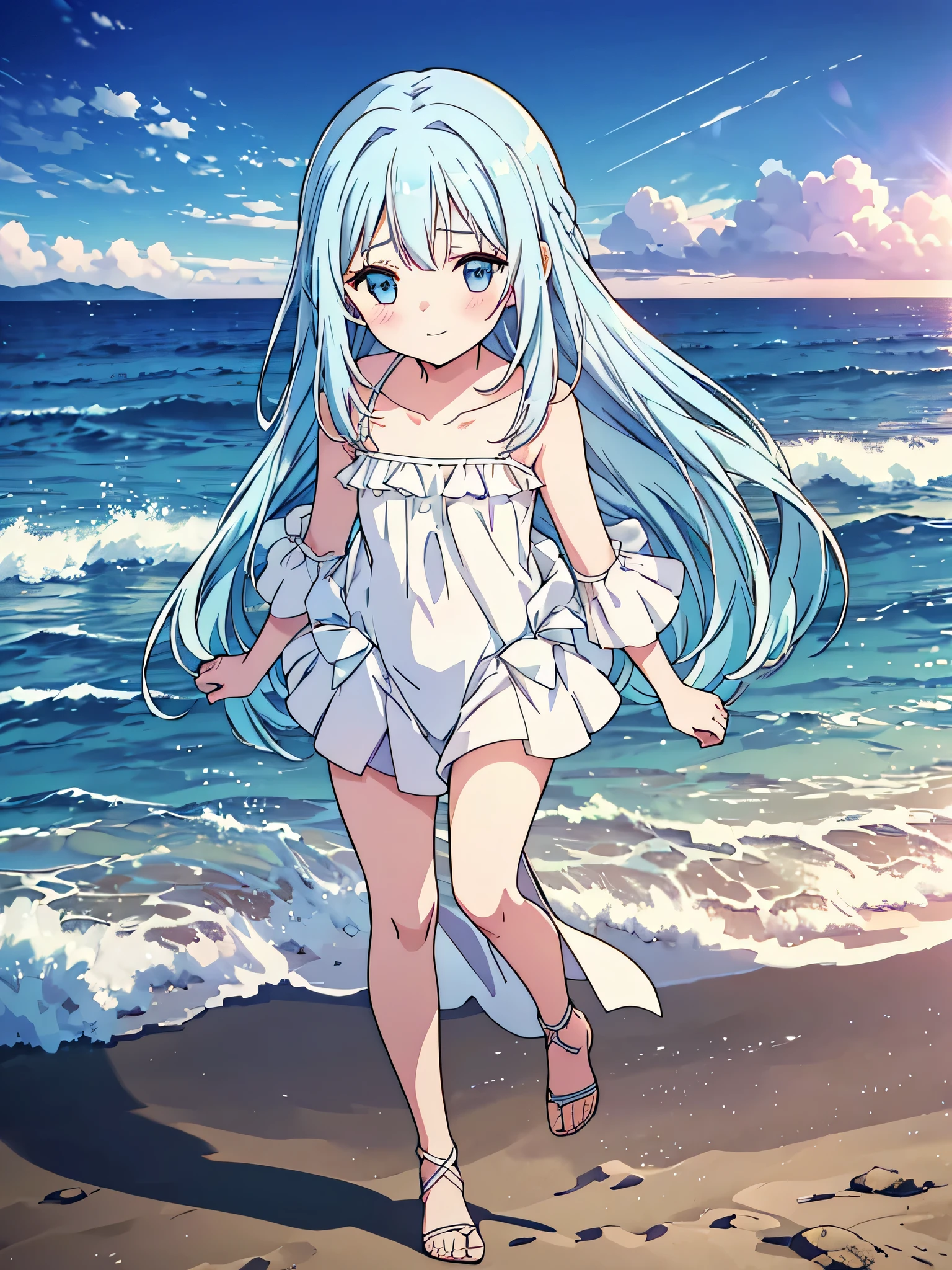 masterpiece, best quality, extremely detailed, (illustration, official art:1.1), 1 girl ,(((( light blue long hair)))), ,(((( light blue long hair)))),light blue hair, ,s old, long hair ((blush)) , cute face, big eyes, masterpiece, best quality,(((((a very delicate and beautiful girl))))),Amazing,beautiful detailed eyes,blunt bangs((((little delicate girl)))),tareme(true beautiful:1.2), sense of depth,dynamic angle,,,, affectionate smile, (true beautiful:1.2),,(tiny 1girl model:1.2),)(flat chest)),masterpiece,best quality, masterpiece, highres, best qualtiy,tmasterpiece,Ultra-high resolution,(Reality:1.4),RAW photogr,warm lights,The sea and the beach,1girl,Walking on the beach,White color blouse,Short skirt,sandals,the setting sun,footprints,(slim,dignified,shyexpression),Beautiful teenage girl,Beautiful goddess,Detailed scenes, Beautiful digital illustration, the detail,Hyper-detailed, Cinematic quality,
, full body ,toes, footprints, footprints in the sand ,