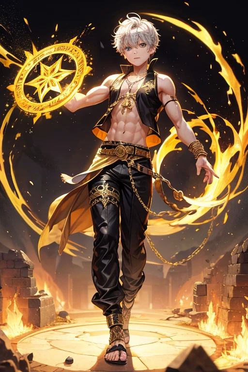 Peter Pan, 15 years old, short dark golden yellow hair, short messy hair, dark black eyes, djinn clothing, light black sleeveless open vest, light black vest with gold Arabic print, light silver Arabic pants, gold belt, djinn bracelet with silver gems, brown boots, phosphorescent red tattoos, surrounded by fire and yellow smoke, delegated muscles, hands tied with chains and feet surrounded by white chains, golden magic circles on each hand on a background of Arab ruins.