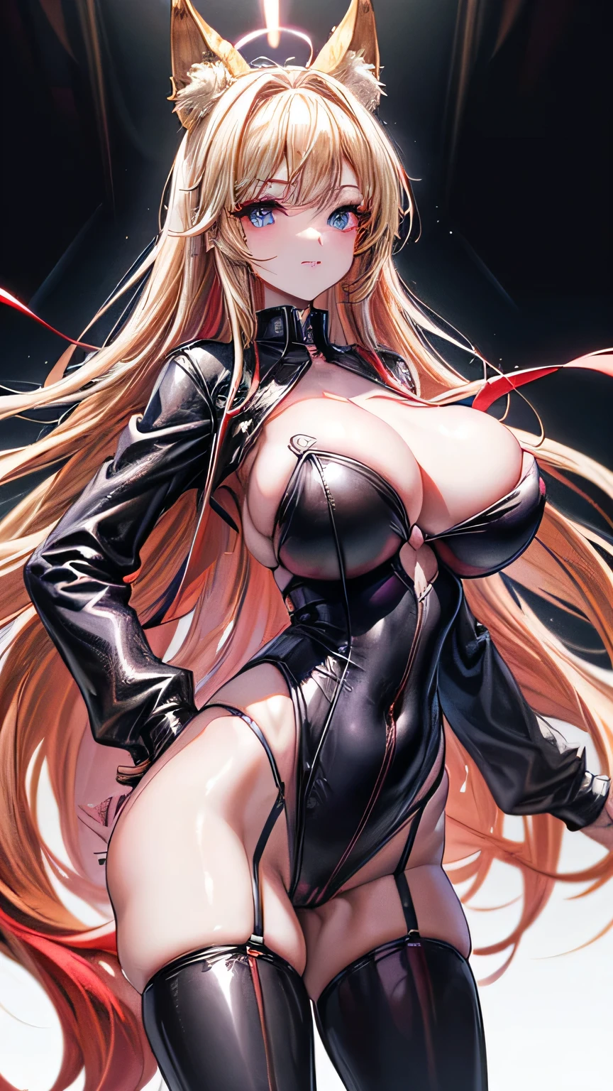 ((supermodel pose one hand on hip)) ((magnificent, majestic)) ((the most beautiful woman)) (()) (()) ((big happy smile)) ((Big blue eyes)) ((very dark eyeshadows makeup)) ((fox ears, long fox tail)) ((bright red lips)), ((very long straight blonde hair)) ((big breast:1.8)) ((slender body:1.3)) ((wear tiny string thong bottom)) ((leather jacket, stocking)) ((inside photo studio with black background, and light reflectors on her)), ((high definition:1.5) ((masterpiece:1.5))((8k:1.5)) ((Best quality:1.4)), more_details:-1, more_details:0, more_details:0.5, more_details:1, more_details:1.5, more prism, vibrant color,