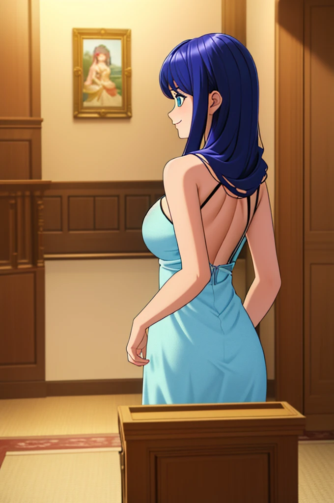 (8k, RAW photo, best quality, masterpiece:1.2), (intricate details), perfect eyes, perfect face, perfect lighting, beautiful, (masterpiece:1.2), (best quality:1.2), 1girl, solo, marinette, blue hair, ((loosen hair)), adult torso, 19 years old, slight smile, huge sized breasts, ( in dress, ), back view