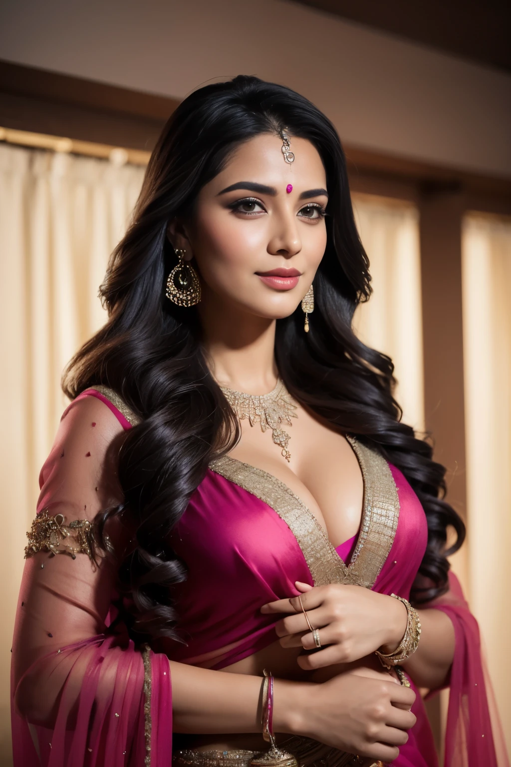 portrait of A confident-looking indian woman princess with long flowing hair, hazel eyes, with violet saree, a smile on the face, royal and lusty look, red bindi, standing in cricket stadium, c-cup breast, perfect composition, hyperrealistic, super detailed, 8k, high quality, trending art, trending on artstation, sharp focus, sexy photo, intricate details, highly detailed, art by Greg Rutkowski