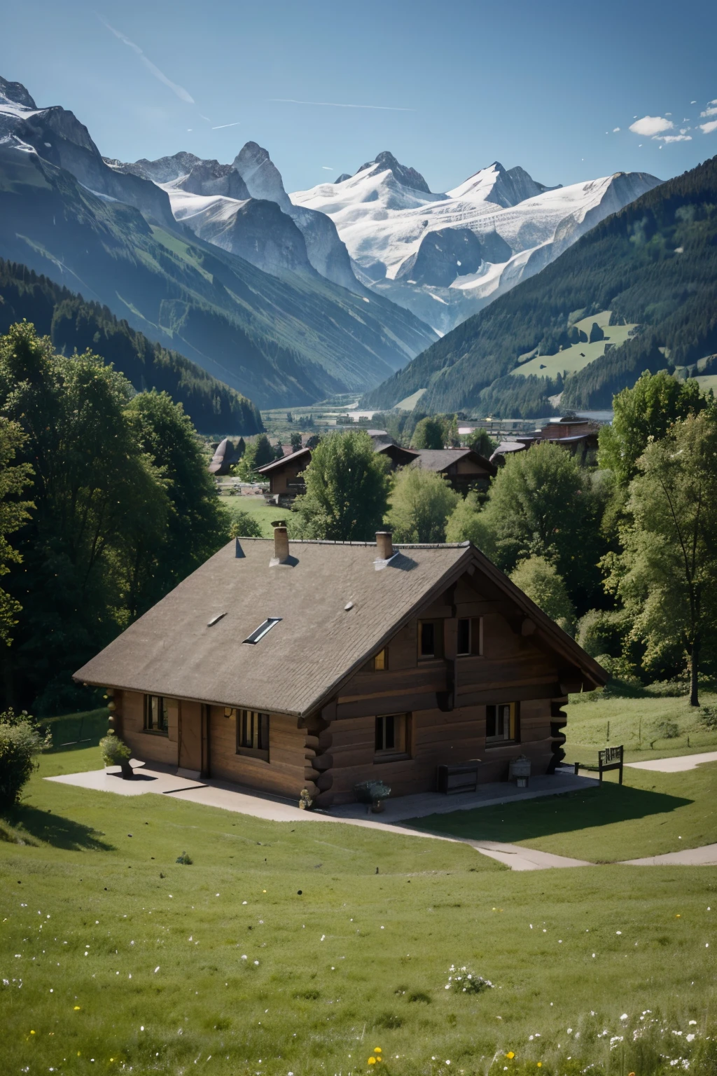 a view of a wooden house in the middle of a green valley, a picture by Franz Hegi, pexels contest winner, renaissance, beautiful place, peaceful wooden mansion, log cabin beneath the alps, lake house, peaceful and serene, very close to real nature, peaceful environment, integrated in the mountains, beautiful environment, beautiful setting, switzerland, chalet, 7 white hose eating grass