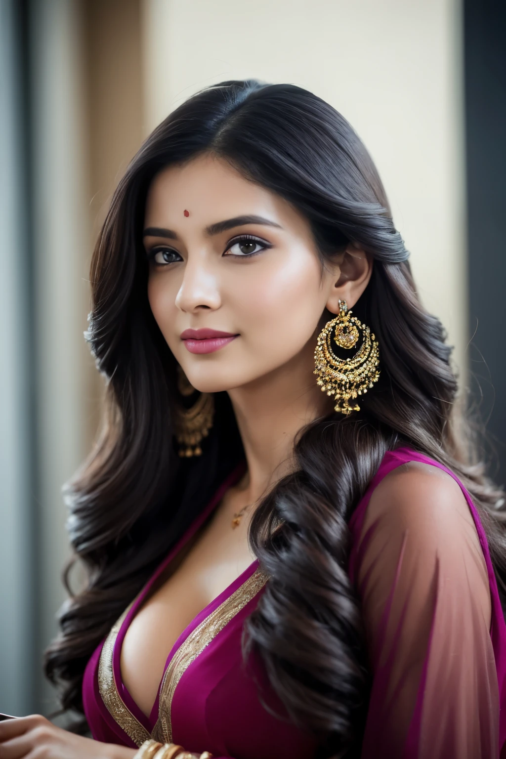 portrait of A confident-looking indian woman princess with long flowing hair, hazel eyes, with violet saree, a smile on the face, royal and lusty look, red bindi, standing in cricket stadium, c-cup breast, perfect composition, hyperrealistic, super detailed, 8k, high quality, trending art, trending on artstation, sharp focus, sexy photo, intricate details, highly detailed, art by Greg Rutkowski