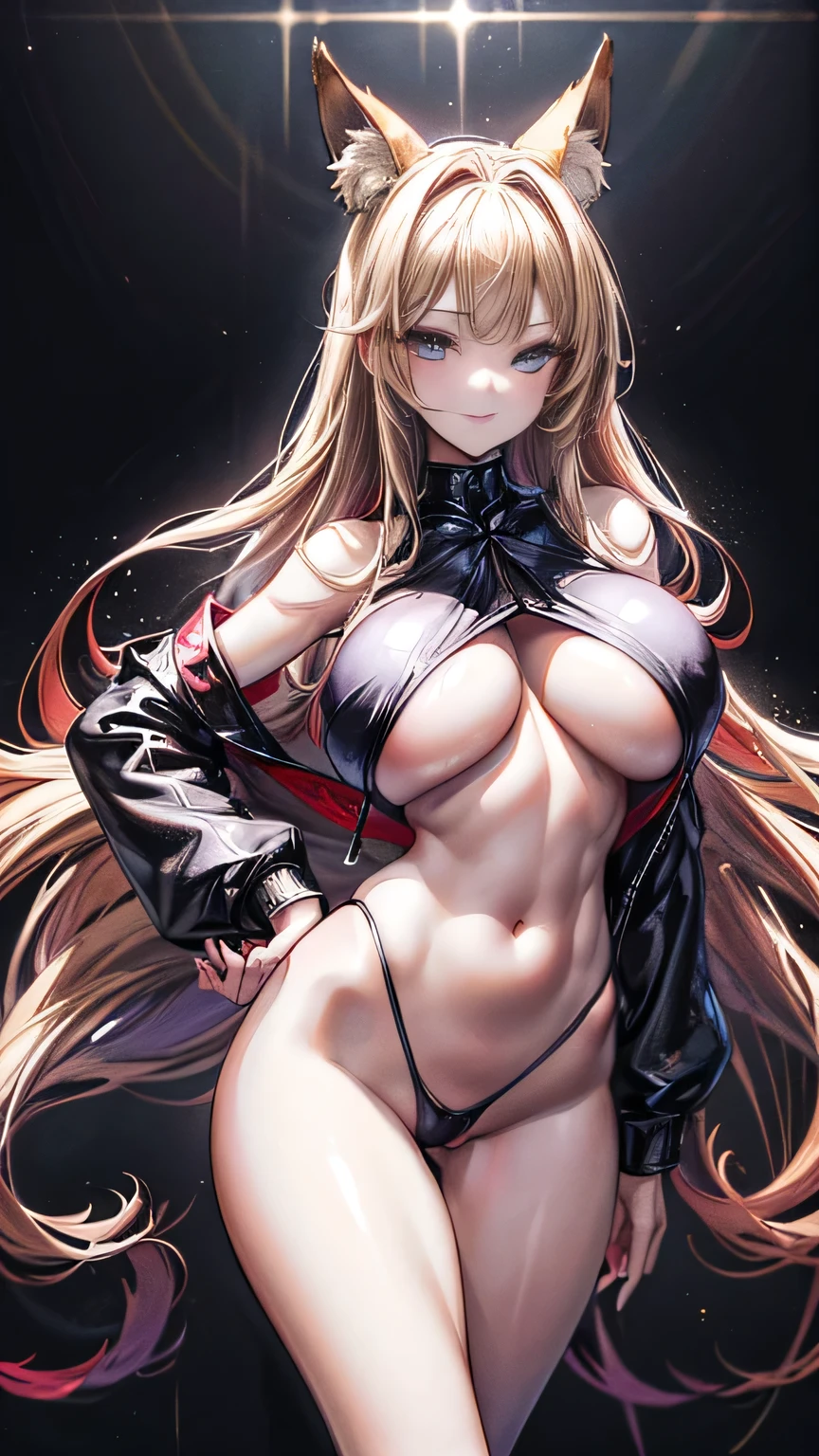 ((supermodel pose one hand on hip)) ((magnificent, majestic)) ((the most beautiful woman)) (()) (()) ((big happy smile)) ((Big blue eyes)) ((very dark eyeshadows makeup)) ((fox ears, long fox tail)) ((bright red lips)), ((very long straight blonde hair)) ((big breast:1.8)) ((slender body:1.3)) ((wear tiny string thong bottom)) ((leather jacket, stocking)) ((inside photo studio with black background, and light reflectors on her)), ((high definition:1.5) ((masterpiece:1.5))((8k:1.5)) ((Best quality:1.4)), more_details:-1, more_details:0, more_details:0.5, more_details:1, more_details:1.5, more prism, vibrant color,