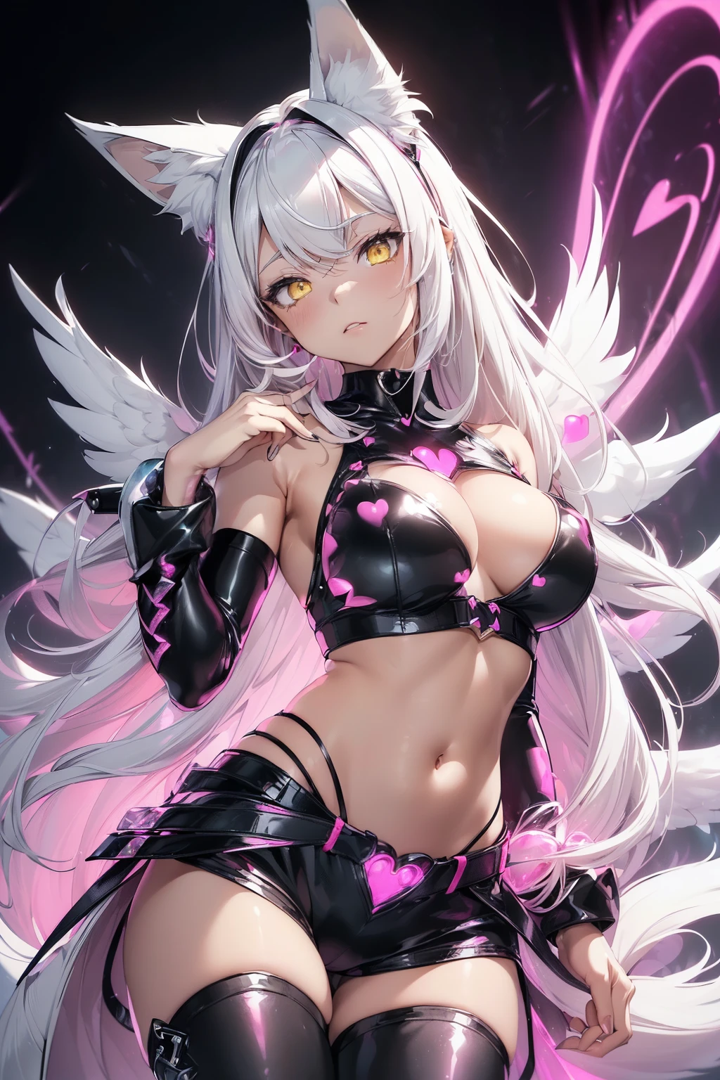 (16K), (best quality:1.2), (insanely detailed:1.2), ((anime style)), (illustration:1.2), (concept art:1.2), (texture:0.5),
(detailed beautiful woman:1.1), (fox ears), (white feathered wings on her back), (platinum white hair:1.3), (yellow eyes:1.3), bangs, hair between eyes, large breasts, perfect body,
BREAK (black and shocking-pink theme:1.4), (sexy cat cosplay costume with pubic tattoo:1.2), (sleeveless black crop top with cat-shaped cut keyhole:1.4), ( (bare shoulders, bare arms, bare thighs):1.3), (black latex low rise micro shorts:1.3), (shocking-pink grommet belt:1.3), (tight latex black long sleeve:1.3), ((fusion of black high platform coots and thigh high boots) with heel:1.2), (shocking-pink diadem has bioluminescence glow LED-light on temporal region:1.3), (paw globes:1.4), (paw pose:1), (shocking-pink (heart-shaped, heart-symbol) bioluminescence glow LED-light on stomach:1.4), (black bangles for prisoners:1.2) ), cyberpunk background, neon lights, hands finger 5 finger hands 