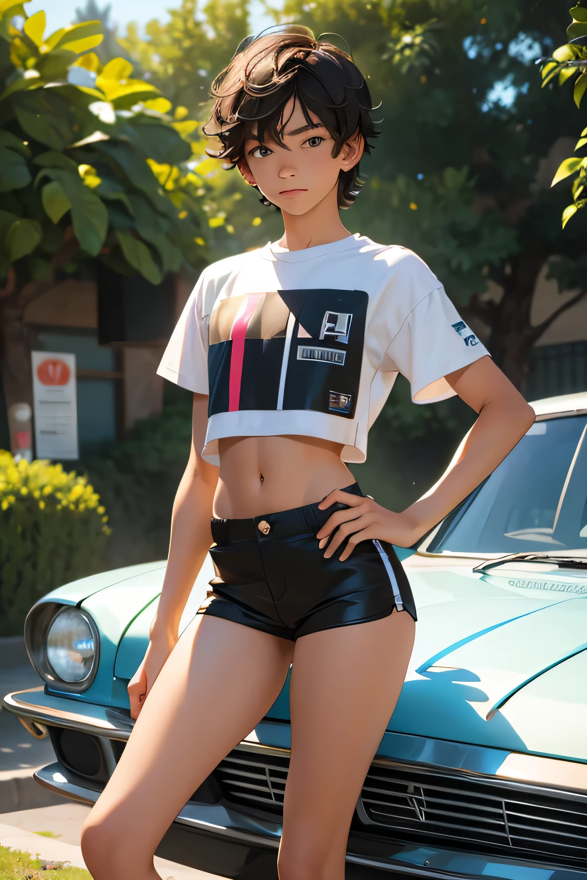 Teen boy-model ************, boy wears a crop shirt and too very short mini shorts, beautiful legs, hot summer, highest quality,