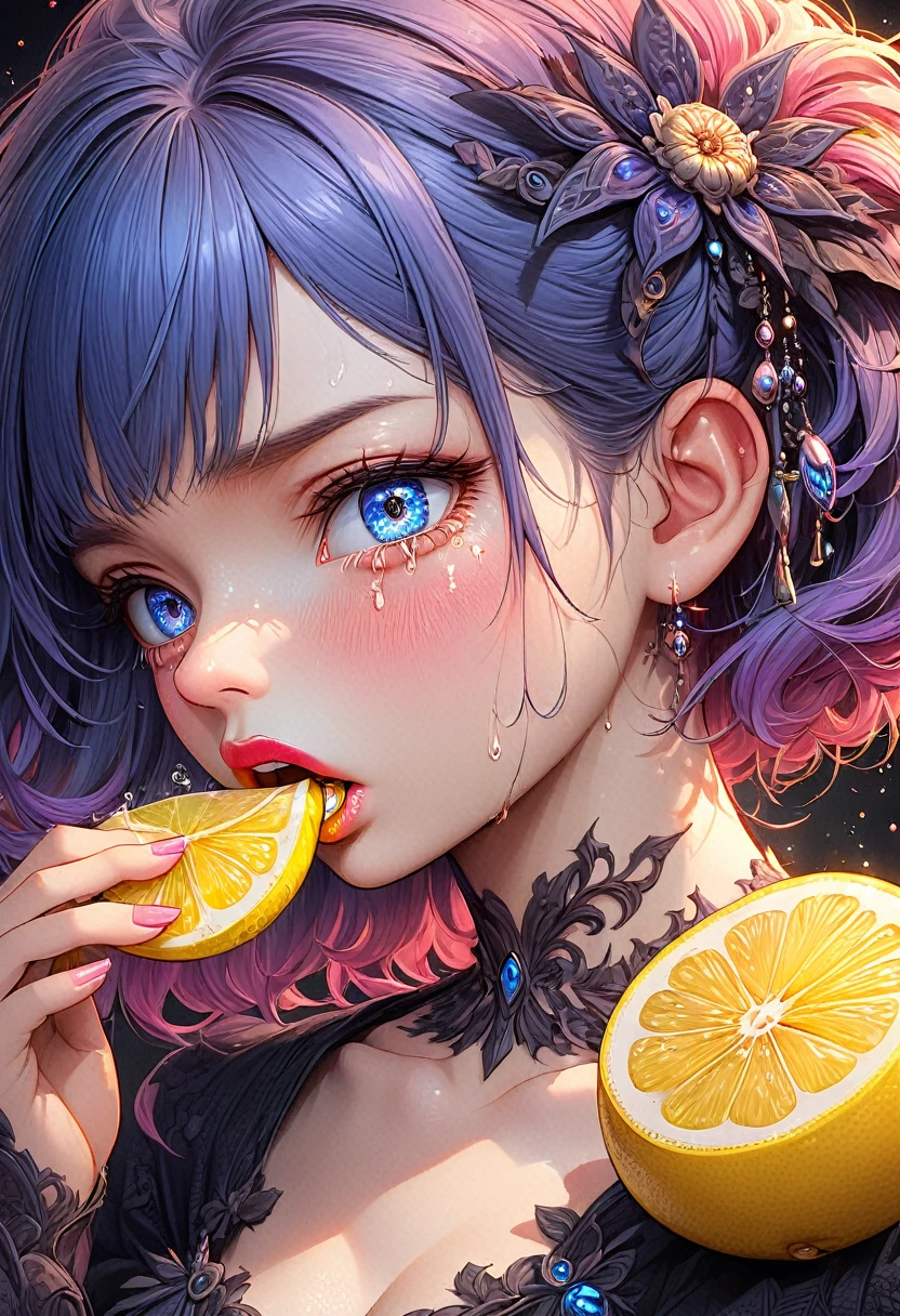 A beautiful anime girl, extremely detailed eyes and face, longeyelashes, slice of lemon in mouth, disgusted expression, tears from acidity, hyper detailed, 8k, high resolution, beautiful detailed lips, photorealistic, vibrant colors, dramatic lighting, intricate details, fantasy, digital art