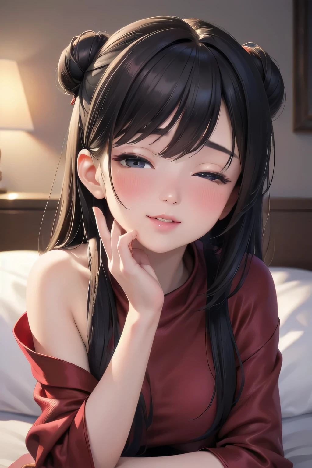 (best quality,4k,8k,highres,masterpiece:1.2),ultra-detailed,(realistic,photorealistic,photo-realistic:1.37),portrait,sexy woman,beautiful face,black hair tied in a bun,glossy lips,smokey eyes,eyeliner,blushing intensely,smiling,maroon kurta pajama,maroon sheer shawl,lying on bed,head on a pillow,viewer-facing position