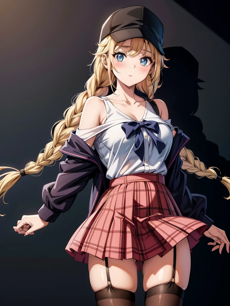 a pretty anime girl with a black hat in a school girl uniform, 1girl, skirt, solo, off shoulder, hat, blue eyes, blonde hair, thighhighs, shirt, shadow, white shirt, looking at viewer, black headwear, jacket, twin braids, braid, collarbone, baseball cap, long hair, shirt tucked in, breasts, garter straps, red skirt, blush, bare shoulders, long sleeves, thighs, plaid, plaid skirt