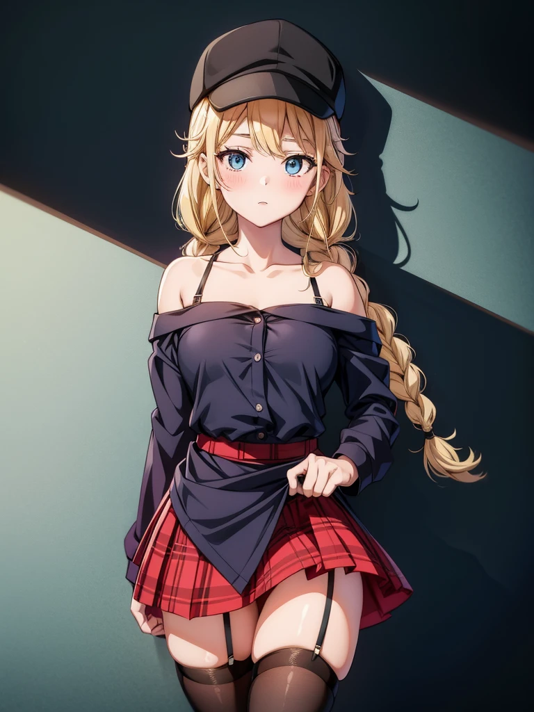 a pretty anime girl with a black hat in a school girl uniform, 1girl, skirt, solo, off shoulder, hat, blue eyes, blonde hair, thighhighs, shirt, shadow, white shirt, looking at viewer, black headwear, jacket, twin braids, braid, collarbone, baseball cap, long hair, shirt tucked in, breasts, garter straps, red skirt, blush, bare shoulders, long sleeves, thighs, plaid, plaid skirt