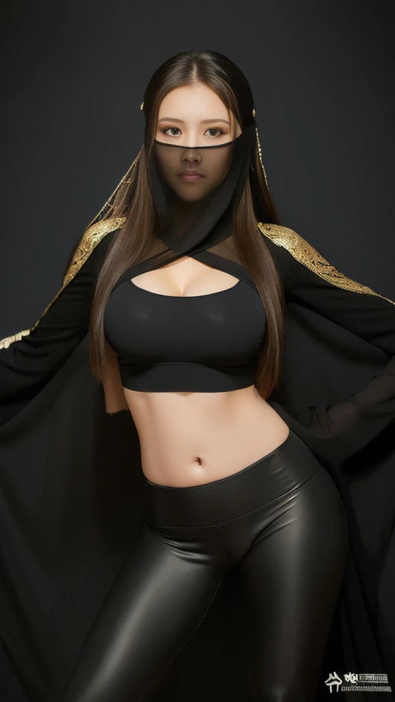 (lifelike, high - resolution:1.3),full body , 1 girl with a perfect body, Super fine face and eyes,slong hair, midriff of black colors:1.2, black shiny leggings,face veil, big boob,Expose cleavage, belly dance pose.