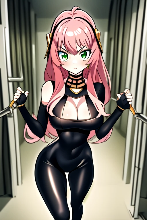 1girl, solo, masterpiece, best quality, combination of Anya Forger and Yor Forger, pink hair, green eyes, intricate details of Yor Forgers face, mature female, matured face, silver earrings, looking at viewer, long hair with long locks, sidelocks, hair ornament, hairband, medium breasts, hourglass figure, tight black bodysuit, cleavage, silver utility belt, black fingerless gloves, black thigh boots, walking, she's looking directly at the viewer with a (fierce, dangerous and alluring) gaze. (Background: Indoors, interior of a bunker, concrete hallways, steel pipes in the surroundings), (Best Quality, Amazing Detail:1.25)