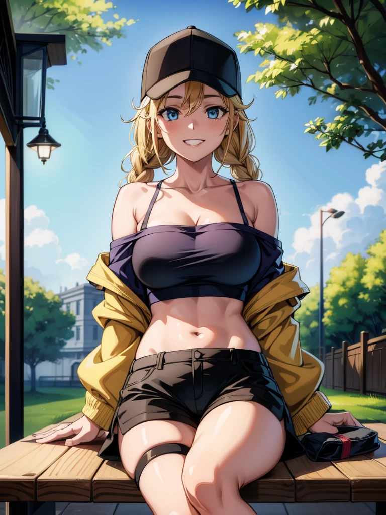 a cartoon drawing of a busty blonde wearing baseball cap sitting at a bench with lamp post in the background, 1girl, breasts, smile, blue eyes, navel, shorts, solo, jacket, blonde hair, hat, grin, off shoulder, braid, large breasts, cleavage, looking at viewer, black headwear, bare shoulders, baseball cap, collarbone, crop top, thigh strap, black shorts, short shorts, midriff, sitting, twin braids, stomach, open clothes, fur trim, open jacket, long hair, shirt, thighs