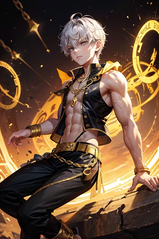 Peter Pan, , short dark golden yellow hair, short messy hair, dark black eyes, djinn clothing, light black sleeveless open vest, light black vest with gold Arabic print, light silver Arabic pants, gold belt, djinn bracelet with silver gems, brown boots, phosphorescent red tattoos, surrounded by fire and yellow smoke, delegated muscles, hands tied with chains and feet surrounded by white chains, golden magic circles on each hand on a background of Arab ruins.