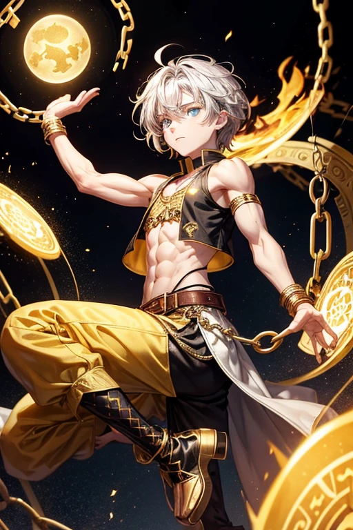 Peter Pan, 15 years old, short dark golden yellow hair, short messy hair, dark black eyes, djinn clothing, light black sleeveless open vest, light black vest with gold Arabic print, light silver Arabic pants, gold belt, djinn bracelet with silver gems, brown boots, phosphorescent red tattoos, surrounded by fire and yellow smoke, delegated muscles, hands tied with chains and feet surrounded by white chains, golden magic circles on each hand on a background of Arab ruins.
