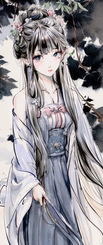 ((4k,masterpiece,best quality)), shuimobysim, traditional chinese ink painting, lotus, short blue dress conservatively
1 girl, solo, white hair, long messy hair, look at viewer, tease