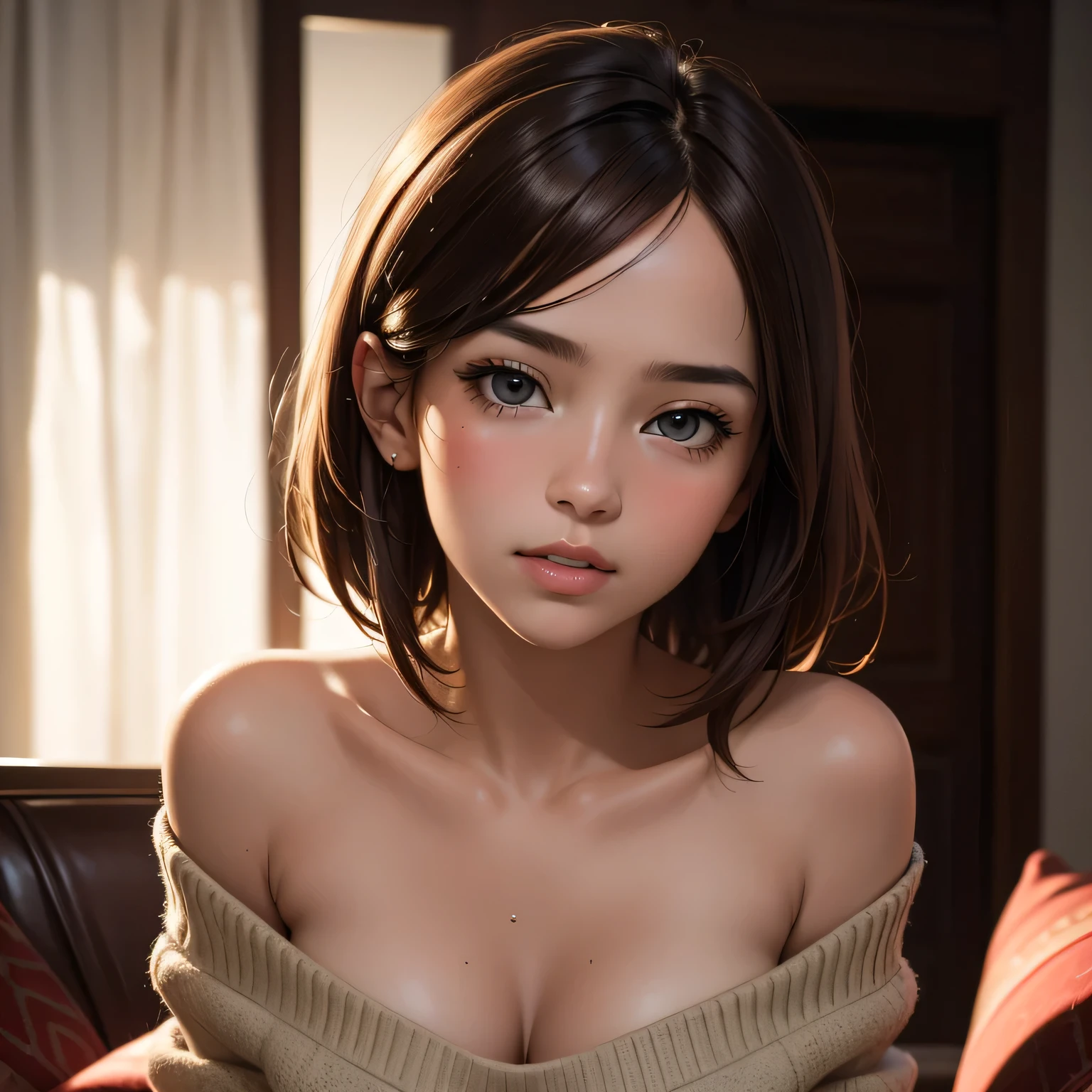 (best quality,4k,8k,highres,masterpiece:1.2),ultra-detailed,(realistic,photorealistic,photo-realistic:1.37),amazing portrait,sexy,cute woman,best friend's sister,alone at home,late night gaming session,brown hair,short bob style soft eyes,parted lips,deep blush,off shoulder,oversized grey sweater,sitting on couch,night time,raining outside,warm inside