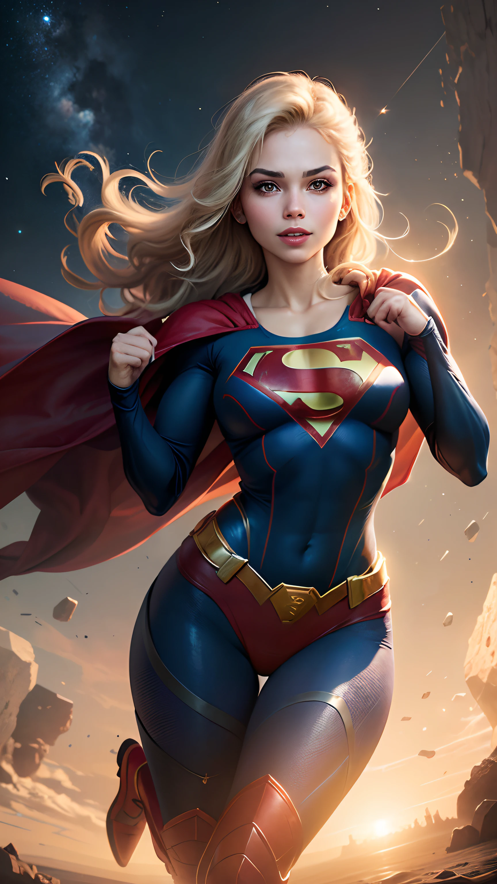 ((full body view)), (SUPERGIRL is in outer space), (Lifting a large asteroid with your hands), (Complete DC Comics Superheroine), fora, highlights your muscles and scars. The setting is lush and mysterious, com galaxias ao seu redor. The camera details everything. ((ela tem cabelo loiro, ela tem cabelo comprido)), (Ela tem um sorriso confiante, heroic pose), ( His attitude is fearless), ( Ela tem uma personalidade arrogante). She's super sexy )