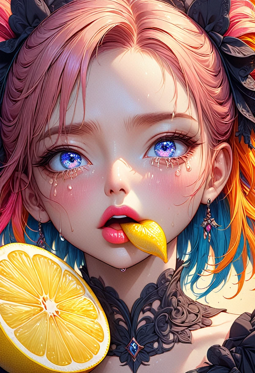 A beautiful anime girl, extremely detailed eyes and face, longeyelashes, slice of lemon in mouth, disgusted expression, tears from acidity, hyper detailed, 8k, high resolution, beautiful detailed lips, photorealistic, vibrant colors, dramatic lighting, intricate details, fantasy, digital art