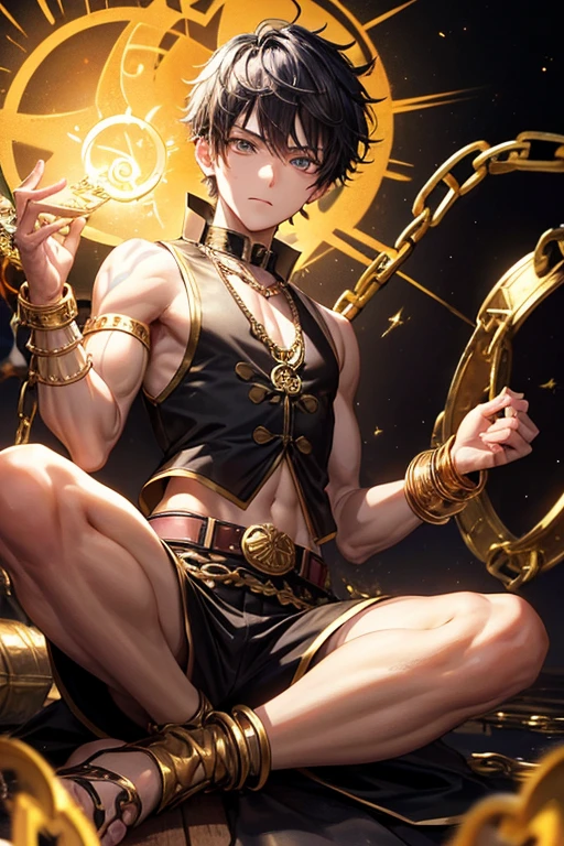Peter Pan, , short dark golden yellow hair, short messy hair, dark black eyes, djinn clothing, light black sleeveless open vest, light black vest with gold Arabic print, light silver Arabic pants, gold belt, djinn bracelet with silver gems, brown boots, phosphorescent red tattoos, surrounded by fire and yellow smoke, delegated muscles, hands tied with chains and feet surrounded by white chains, golden magic circles on each hand on a background of Arab ruins.
