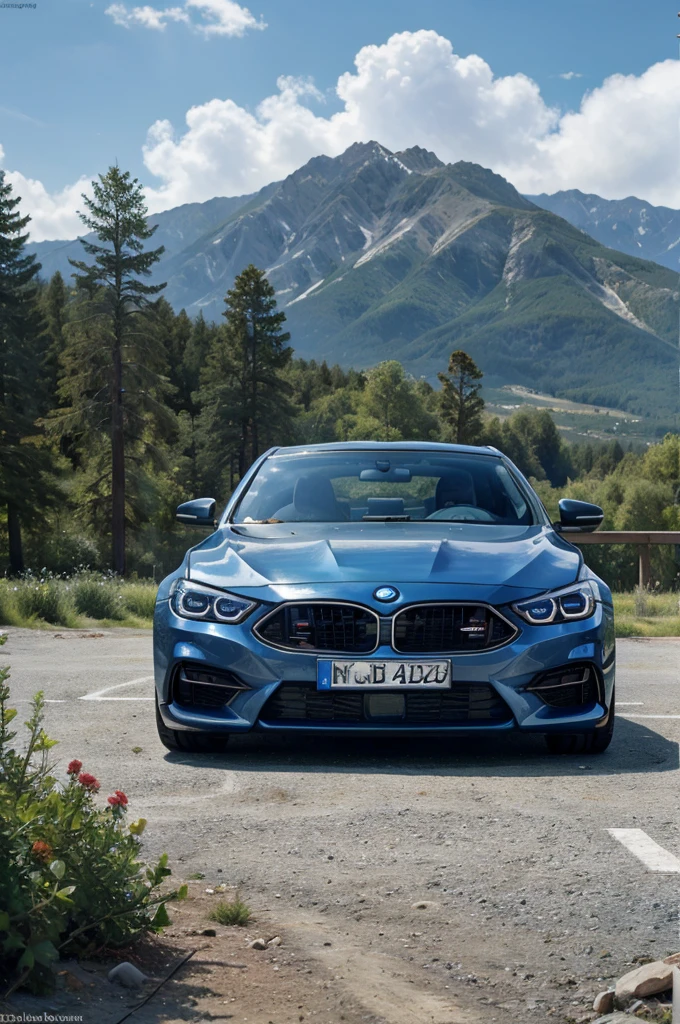 A realistic photo of BMW M5 standing in nature.