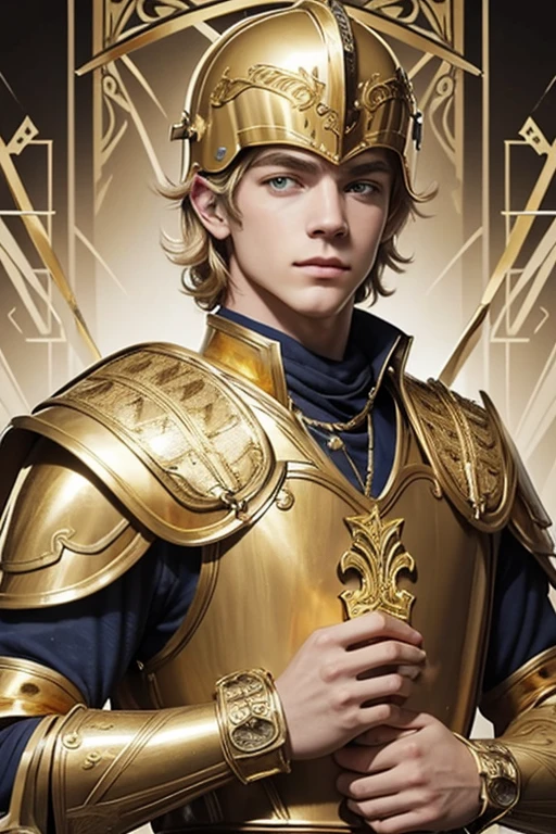 Ross Lynch, tarot card, roman soldier in gold armor, gold chest plate, gold helmet, gold galea, gold background, front-facing, (heart hands, own hands together:1), 