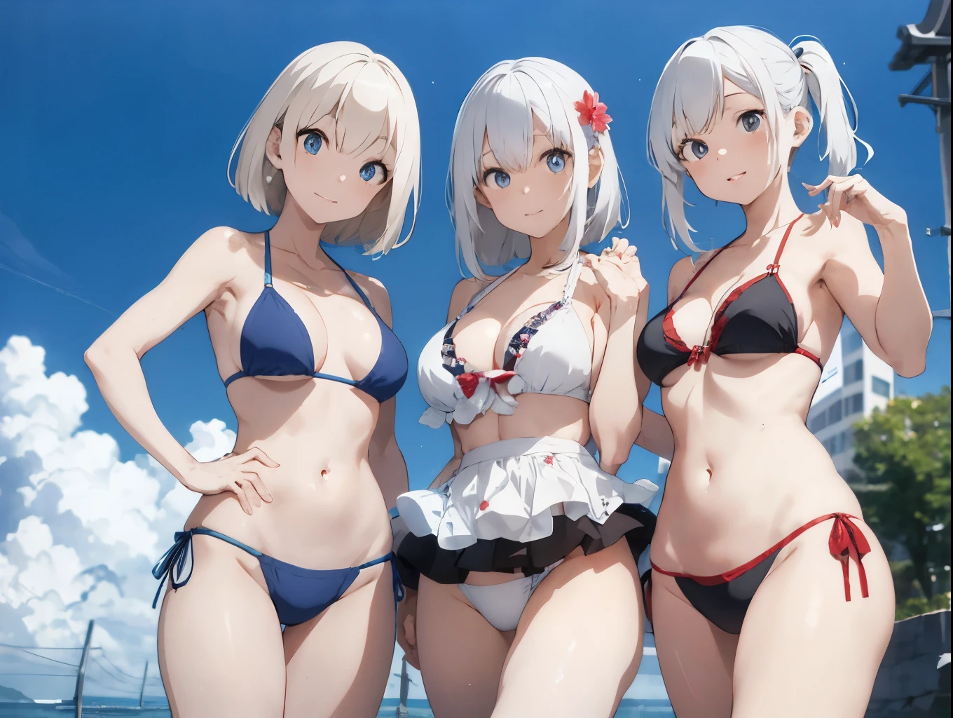 White-haired girl drawn in high resolution Japanese anime style、Group of women taking photos in bikinis, Bikini Model, , A young and cute gravure idol, Posing together in a bra, Russian and Japanese mix, sakimichan, Asian woman, Wear a swimsuit, that'that'that'that'that'that'that'that'that'that'that'that'It's hot with the shining sun, Japanese Model, Cute Core, sakimichan hdri, Young Gravure Idol, Chubby