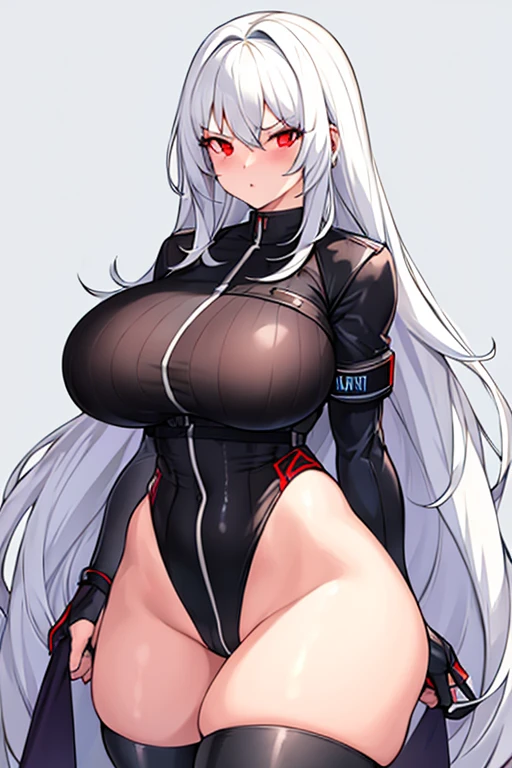 1girl, white hair, long hair, red eyes, serious, glowing eyes, large breasts, thick thighs, mature female, athletic  female, toned, leotard, black leotard, thighhighs, belt, knife