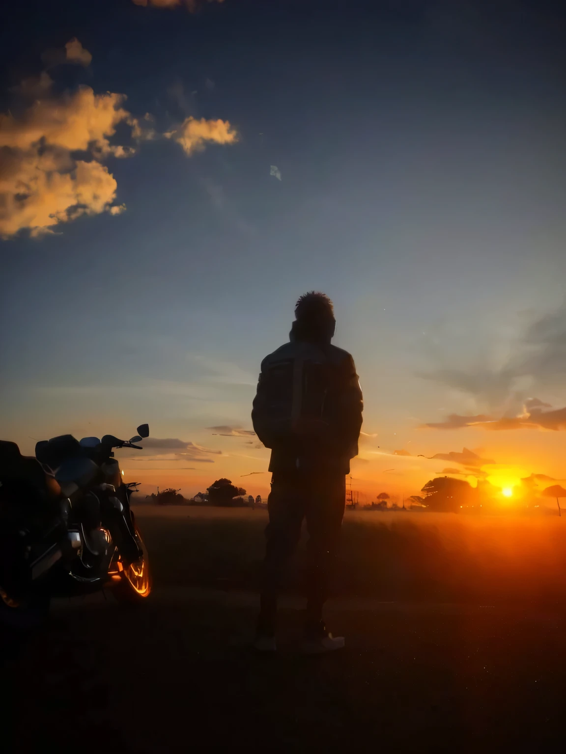 arafed person standing in front of a motorcycle at sunset, with sunset, in the sunset, with a sunset, at the sunset, sunset time, at a beautiful sunset, sunset!!!, during sunset, during a sunset, at sunrise, ((sunset)), sunset atmosphere, looking at sunset, sunset in the background, watching the sunset, The sun is behind him.