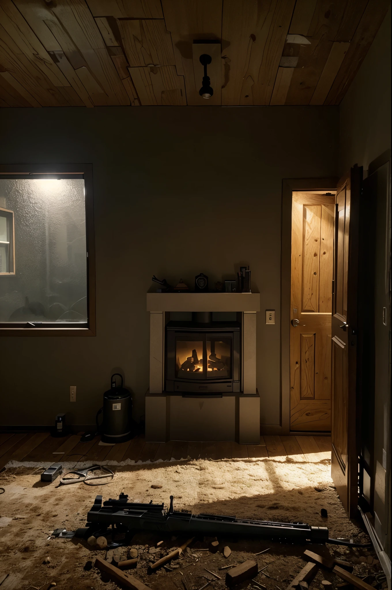 night time dimmed led and fireplace light stalker style safety log and armoured wall reinfrocements house interior with protection from zombies which wonder around outside trying to get in through the windows through which outside can be seen with mutants of the zone roaming around on land and in air. Futuristic equipment inside the house, zone's artifacts and some anomaly in center of room. Wood stove in corner near bed. shutgun and ak-47 leaning against wall made of logs