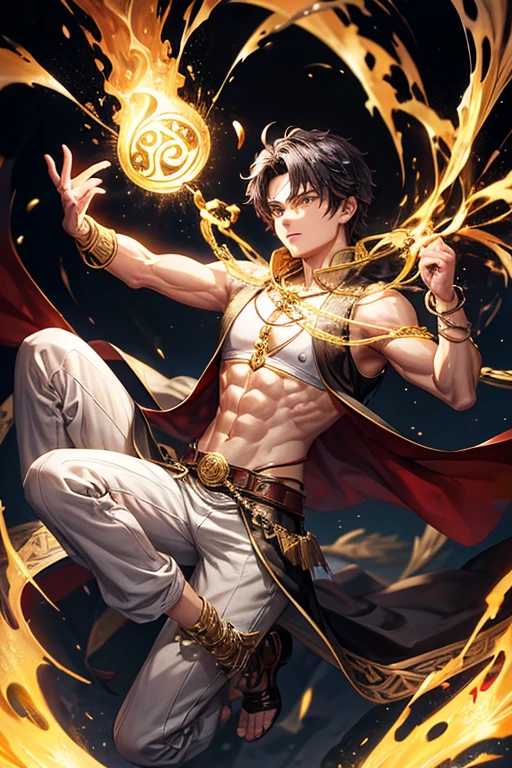 Li Shang, 20 years old, short dark golden black hair, short messy hair, dark black eyes, djinn clothing, light gray sleeveless open vest, light silver vest with golden Arabic print, light silver Arabic pants, golden belt , djinn bracelet with silver gems, brown boots, phosphorescent red tattoos, surrounded by fire and yellow smoke, delegate muscular build, hands tied with chains and feet surrounded by white chains, golden magic circles on each hand on a background of ruins Arabs.