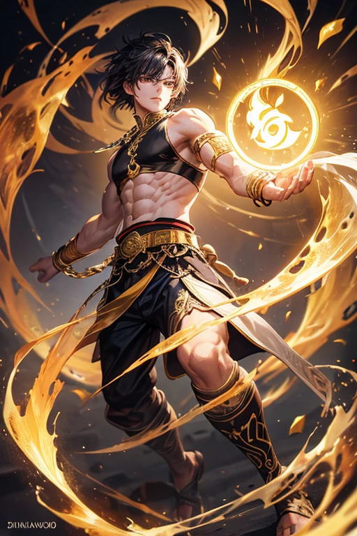 Li Shang, 20 years old, short dark golden black hair, short messy hair, dark black eyes, djinn clothing, light gray sleeveless open vest, light silver vest with golden Arabic print, light silver Arabic pants, golden belt , djinn bracelet with silver gems, brown boots, phosphorescent red tattoos, surrounded by fire and yellow smoke, delegate muscular build, hands tied with chains and feet surrounded by white chains, golden magic circles on each hand on a background of ruins Arabs.