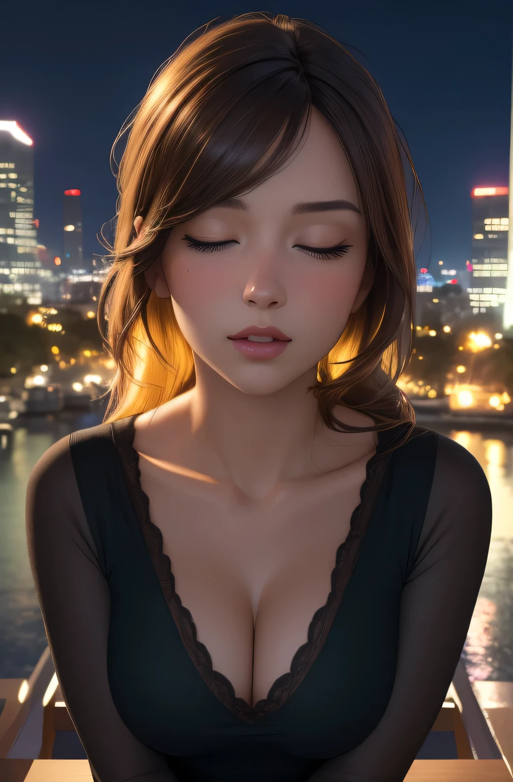 (best quality,4k,8k,highres,masterpiece:1.2),ultra-detailed,(realistic,photorealistic,photo-realistic:1.37),portrait,night scene,skyscraper,modern apartment,city view,sexy woman,green shirt,long sleeves,cleavage,collarbone,glasses,brown hair,purple eyes,single braid,yellow hair ornament,young female,beautiful fingers,long legs,beautiful body,beautiful nose,character design,perfect eyes,perfect face,expressive eyes,looking at viewer,center of the image,upper body,focusing on her face,large breasts,narrow waist,city night time,amazing,evening,fantasy,neon lights,dramatic shadows,vibrant colors,reflections,ambient lighting,moody atmosphere.