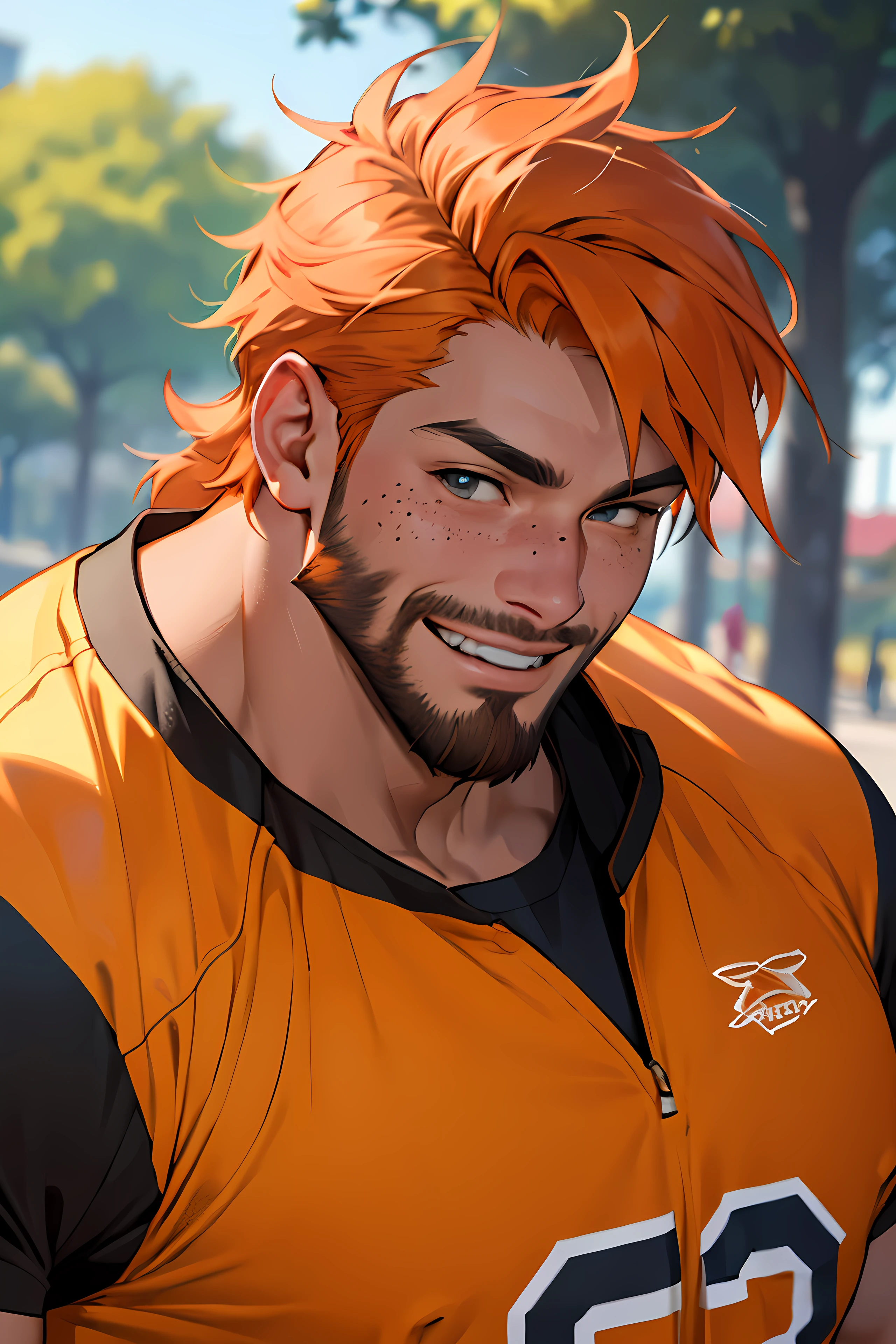 ((melhor qualidade)), ((Obra de arte)), (detalhado), rosto perfeito muscle Man,  Beard Orange, Freckles on the face, orange hair, mascot outfit, happy in one park.