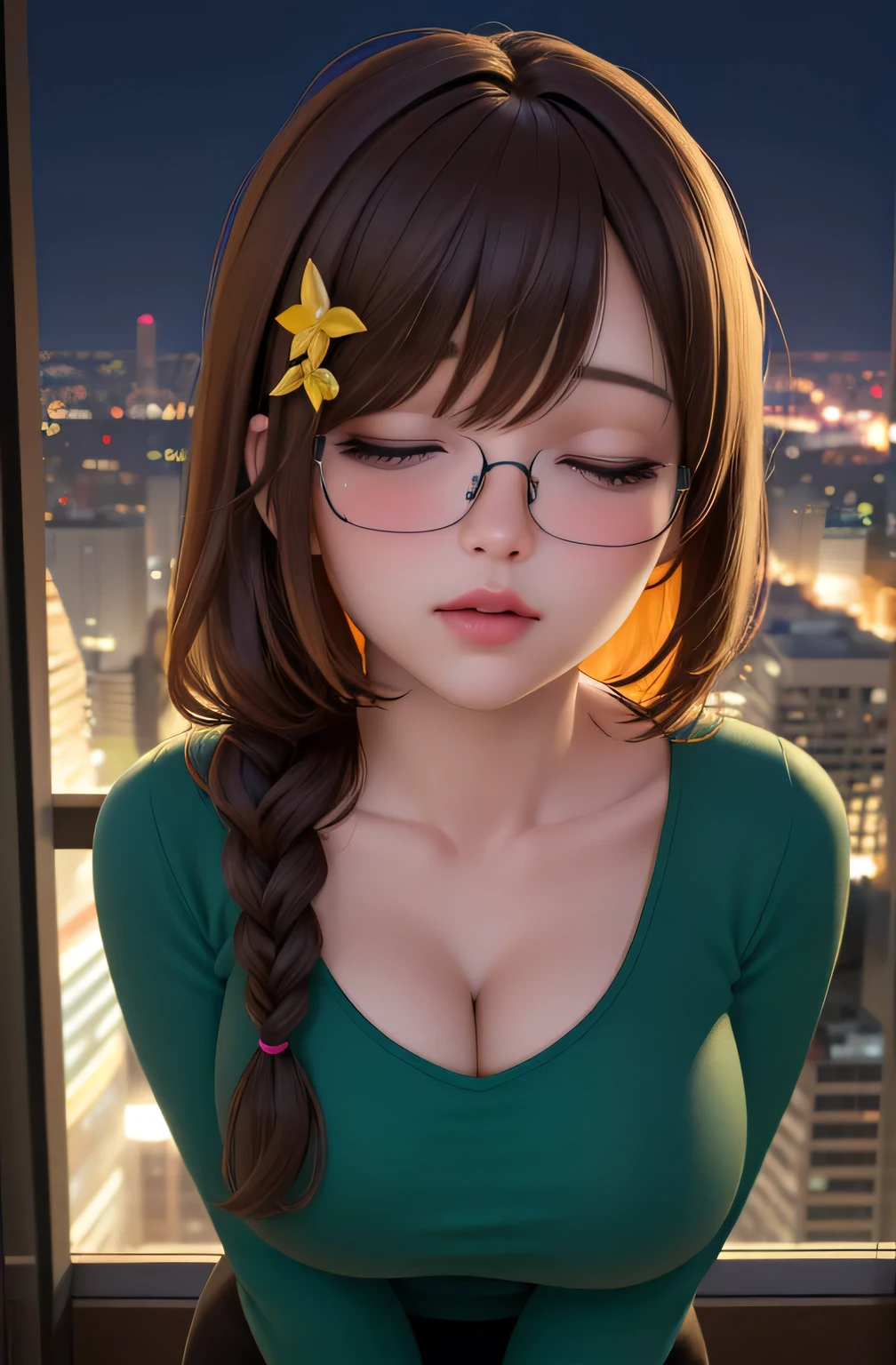 (best quality,4k,8k,highres,masterpiece:1.2),ultra-detailed,(realistic,photorealistic,photo-realistic:1.37),portrait,night scene,skyscraper,modern apartment,city view,sexy woman,green shirt,long sleeves,cleavage,collarbone,glasses,brown hair,purple eyes,single braid,yellow hair ornament,young female,beautiful fingers,long legs,beautiful body,beautiful nose,character design,perfect eyes,perfect face,expressive eyes,looking at viewer,center of the image,upper body,focusing on her face,large breasts,narrow waist,city night time,amazing,evening,fantasy,neon lights,dramatic shadows,vibrant colors,reflections,ambient lighting,moody atmosphere.