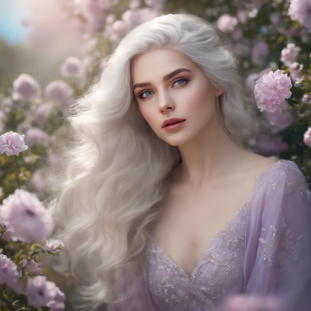 masterpiece, Brilliant, daytime, outdoor, Falling Flowers, , 1 girl, Perfect Woman, Silver-white hair woman, Gray blue eyes, Light pink lips, cold, Purple Eyes, Blue clothes, White dress clothing series, Delicate face, Delicate face, Standing