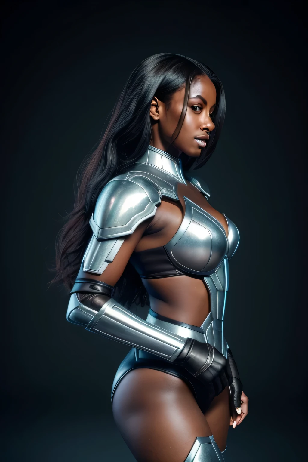 Woman with a rich, chocolate-hued skin complexion, boasting a super tiny, almost miniscule waist and a curvaceous chest that perfectly embodies the feminine form of a Metroid character, reminiscent of a 80mm illustration or a sheet from a classic game - the Womanly Metroid character sheet. The illustration captures her in profile, accentuating her  frame, with a suggestive, alluring gaze that speaks volumes about her strong, independent personality. She is dressed in futuristic, metallic armor, with stark contrasts between the dark tones of her skin and the gleaming, silver accents of her armor, creating an almost otherworldly effect.
