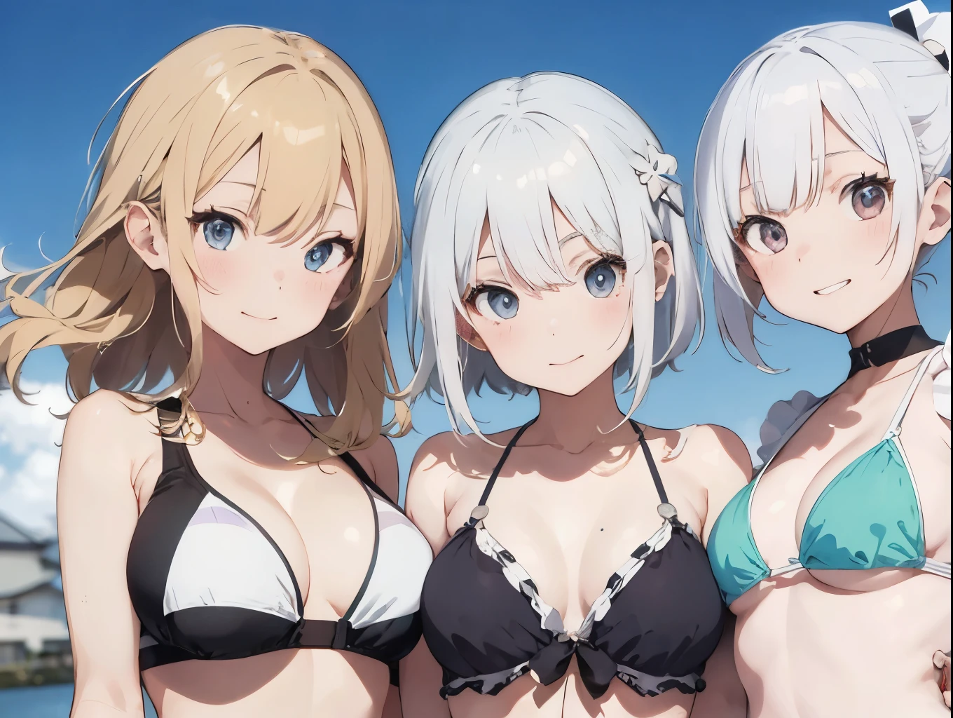 White-haired girl drawn in high resolution Japanese anime style、Group of women taking photos in bikinis, Bikini Model, , A young and cute gravure idol, Posing together in a bra, Russian and Japanese mix, sakimichan, Asian woman, Wear a swimsuit, that'that'that'that'that'that'that'that'that'that'that'that'It's hot with the shining sun, Japanese Model, Cute Core, sakimichan hdri, Young Gravure Idol, Chubby