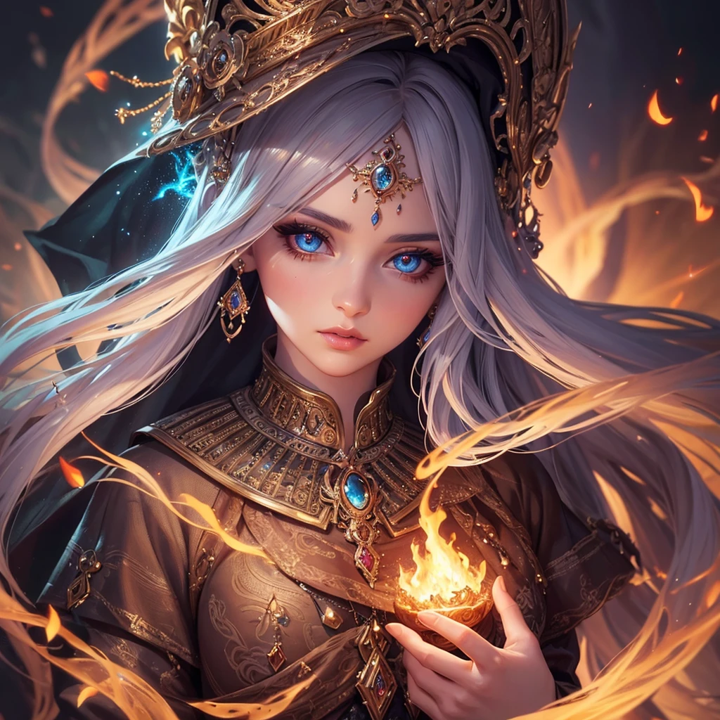 beautiful detailed eyes, beautiful detailed lips, extremely detailed eyes and face, long eyelashes, 1 woman, fire mage, elegant, ethereal, fantasy, magical, cinematic lighting, dramatic, epic, intricate details, vibrant colors, high fantasy style, glowing fire effects, volumetric lighting, dramatic shadows, photorealistic, 8K, best quality, masterpiece